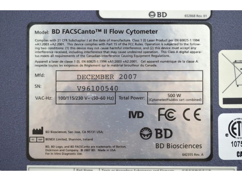 BD FACSCanto II Flow Cytometer (3)Lasers/(8)Colors/(10)Detectors w/ HTS